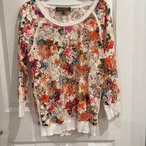 Anthropologie Charlotte Trantola Floral Lace Ivory/Pink Top Long Sleeve